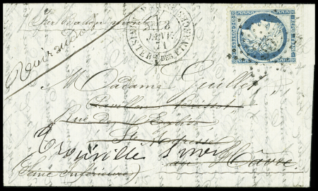 LE NEWTON N°37 OBL étoile 35 + CAD "Paris ministère des finances" (3 janv 71) sur ballon monté pour Le Havre réexpédié à Trouville-s-Mer (arrivée 12 janv 71) (Le Newton). TB