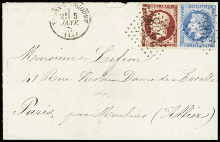 N°17A 80c Empire non dentelé carmin + n°29, 20c Empire lauré bleu OBL GC 3958 + T16 "Thury Harcourt (13)" (5 janv 71) sur Boule de Moulins. Seule pièce connue (le n°17, émis le 4 décembre 1854 n'était plus disponible dan