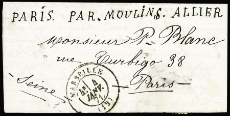 N°24 80c Empire dentelé non lauré rose + n°29 OBL GC 2240 + T17 Marseille ( janv 1871) sur Boule de Moulins. TB