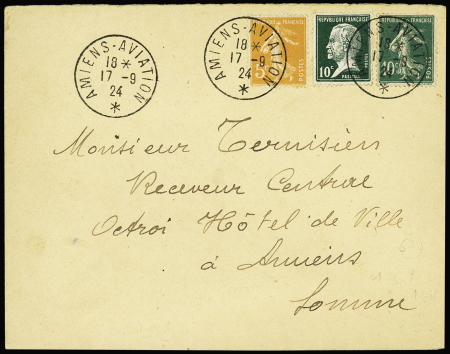 N°158 + 159 + 170 OBL CAD "Amiens-Aviation" (17.9.24) - beaucoup plus rare que le meeting de 1923 - (Pothion ind 15) sur lettre. TB