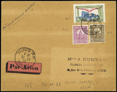 Tunisie n°129+ 131 + PA2 OBL Tunis RP (30.11.26) sur lettre pour Nice avec mention manuscrite "1er raid Tunis - Antibes" (vol d'essai M5 Tunisie). TB