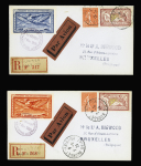 7.5.1925 Le Bourget - Bruxelles. 4 lettres recommandées avec vignette de la journée philatélique d'aviation du Bourget avec vignettes orange - bleu - sépia et violet. TB