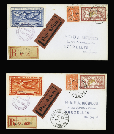 7.5.1925 Le Bourget - Bruxelles. 4 lettres recommandées avec vignette de la journée philatélique d'aviation du Bourget avec vignettes orange - bleu - sépia et violet. TB