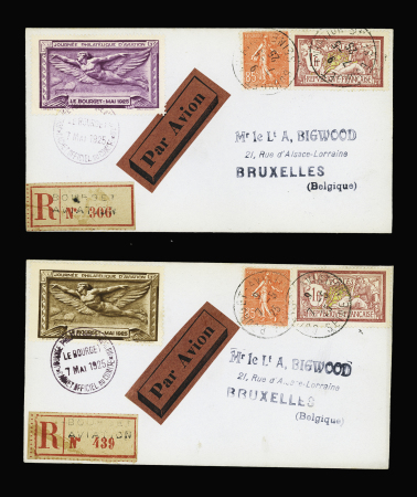 7.5.1925 Le Bourget - Bruxelles. 4 lettres recommandées avec vignette de la journée philatélique d'aviation du Bourget avec vignettes orange - bleu - sépia et violet. TB