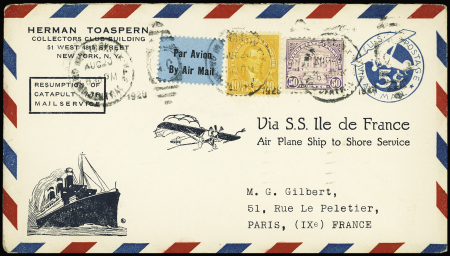 27.8.1928 Env entier postal 5c bleu USA (Herman Toaspern) avec griffe de la reprise des catapultages du paquebot Ile de France en Anglais, adressée à l'expert G.Gilbert à Paris. TB