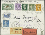 N°207 + 200 + 172 + 130 + 158 + 165 + 140 OBL grand CAD "Poste aérienne France-Indochine" (19.2.29) sur lettre recommandée avec grande griffe violette "Raid interrompu par accident retour à l'envoyeur"