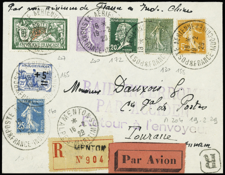 N°207 + 200 + 172 + 130 + 158 + 165 + 140 OBL grand CAD "Poste aérienne France-Indochine" (19.2.29) sur lettre recommandée avec grande griffe violette "Raid interrompu par accident retour à l'envoyeur"