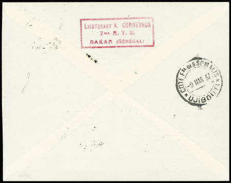 19.2.1937 Lettre avec cachet rect rouge "1ère liaison aérienne Dakar - Djibouti" et mention encadrée noire "transportée de Dakar à Djibouti par l'avion du général Denain chef des forces aériennes Outre-Mer" (M34). TB