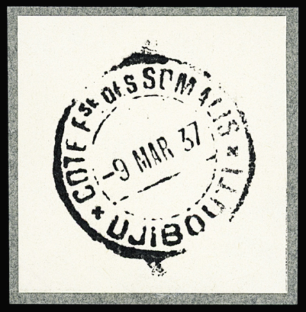 19.2.1937 Lettre avec cachet rect rouge "1ère liaison aérienne Dakar - Djibouti" et mention encadrée noire "transportée de Dakar à Djibouti par l'avion du général Denain chef des forces aériennes Outre-Mer" (M34). TB