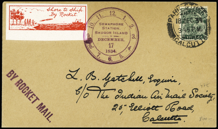 18.12.1934 Inde Anglaise : lettre par fusée de Calcutta avec vignette rouge "Shore to ship by rocket" + griffe violette "By rocket mail". TB