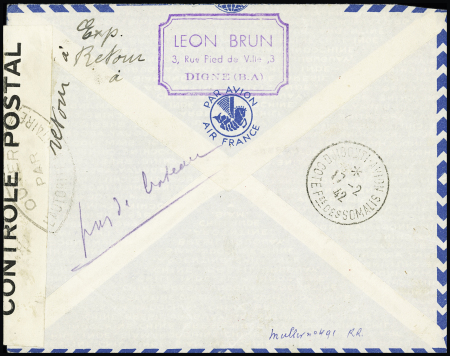N°499 OBL CAD pointillé "Estoublon Bses Alpes" (6.2.42) sur lettre recommandée avec arrivée Djibouti 17.2.42, mais sans griffe spéciale, mention manuscrite "Pas de bateau". TB