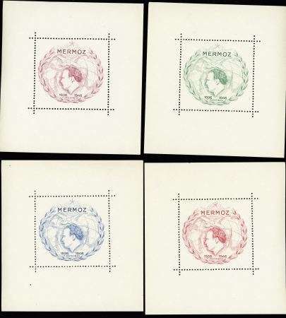 6 blocs feuillets dentelés "Mermoz 1936-1946" : lilas - vert - rose - bleu - noir - orange, neufs avec gomme. TB