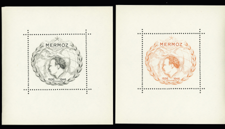 6 blocs feuillets dentelés "Mermoz 1936-1946" : lilas - vert - rose - bleu - noir - orange, neufs avec gomme. TB