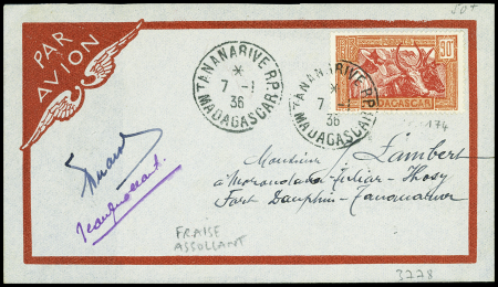 Madagascar n°174 OBL Tananarive (7.1.36) sur lettre Tananarive - Fort Dauphin avec signatures de Fraise et Assollant (Muller n°72). TB