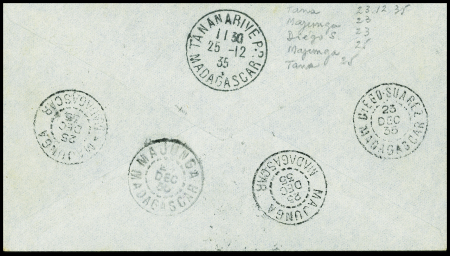 Madagascar PA1 OBL Tananarive RP (23.12.35) sur lettre de la liaison Tananarive - Diego - Suarez - Tananarive avec signature du sergent-chef Bonlarron, pilote aviateur. TB