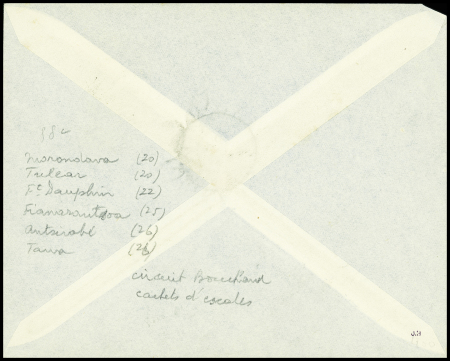 4.8.1936 Nossi-Be Tananarive lettre AFF Madagascar n°88a avec signature du pilote Bouchard et CAD d'escales au recto de Fort Dauphin, Tulear, Antsirabe, Fianarantsoa, Tananarive (M88a) . TB