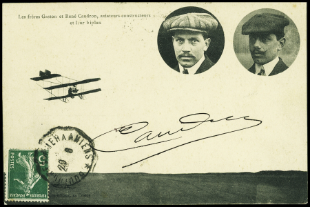 N°137 OBL convoyeur ligne "Boulogne sur Mer à Amiens sur carte postale représentant les Frères Caudron avec signature "Caudron". TB