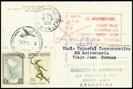Argentine n°512 + PA21 OBL 14 mai 1955 sur carte postale du 25e anniversaire de la 1ère traversée de l'Atlantique sud par Mermoz - Dabry - Gimié avec signature de Dabry. TB