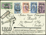 Tchad n°25 + 48 + 32 + 42 + 43 OBL Fort Archambault (20.9.34) sur lettre du voyage d'études Alger - Congo avec au verso signatures de Dagnaux et Poulin. TB