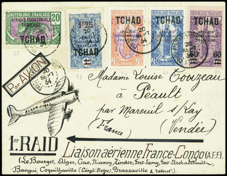 Tchad n°25 + 48 + 32 + 42 + 43 OBL Fort Archambault (20.9.34) sur lettre du voyage d'études Alger - Congo avec au verso signatures de Dagnaux et Poulin. TB