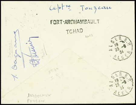 Tchad n°25 + 48 + 32 + 42 + 43 OBL Fort Archambault (20.9.34) sur lettre du voyage d'études Alger - Congo avec au verso signatures de Dagnaux et Poulin. TB