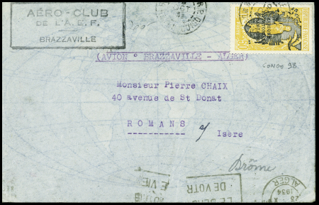 Congo n°38 OBL Brazzaville (19.10.34) sur lettre du vol Brazzaville - Alger avec au verso signatures de Dagnaux et Poulin. TB