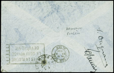 Congo n°38 OBL Brazzaville (19.10.34) sur lettre du vol Brazzaville - Alger avec au verso signatures de Dagnaux et Poulin. TB