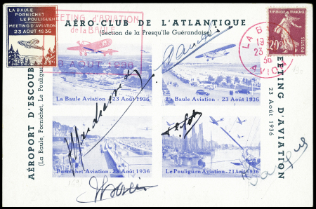 N°189 OBL CAD rouge "La Baule avion" (23.8.36) sur carte postale du meeting d'Escoublac avec 5 signatures dont Darque (M313). TB