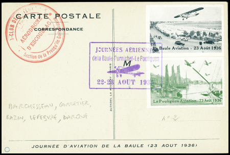 N°189 OBL CAD rouge "La Baule avion" (23.8.36) sur carte postale du meeting d'Escoublac avec 5 signatures dont Darque (M313). TB