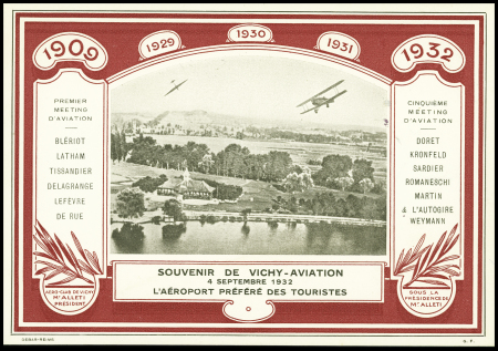Carte postale spéciale du meeting de Vichy avec vignette OBL hex "Vichy aviation Allier" (4 sept 32) et signature du pilote Delmotte. TB