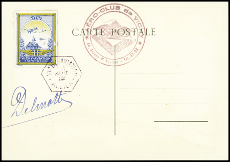 Carte postale spéciale du meeting de Vichy avec vignette OBL hex "Vichy aviation Allier" (4 sept 32) et signature du pilote Delmotte. TB
