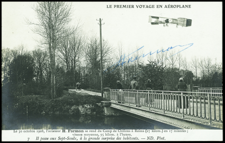 Carte postale "le premier voyage en aéroplane 30 oct 1908" neuve avec signature de H. Farman. TB