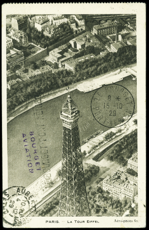 17.10.1929 Paris - Tananarive (M238), carte postale recommandée AFF n°207 + 240 + 163 + 164 OBL Le Bourget (15.1029), avec signatures de Goulette et Marchesseau. TB