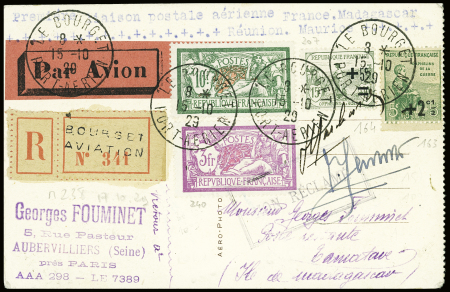 17.10.1929 Paris - Tananarive (M238), carte postale recommandée AFF n°207 + 240 + 163 + 164 OBL Le Bourget (15.1029), avec signatures de Goulette et Marchesseau. TB