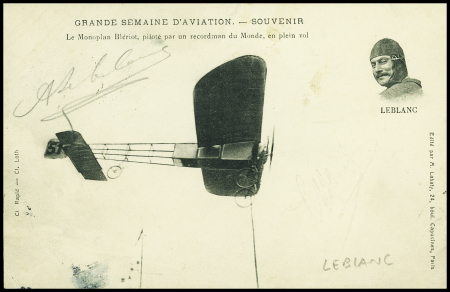 Carte postale avec vue d'un monoplan Blériot de Leblanc avec signature de leblanc, OBL Amiens (1910). TB