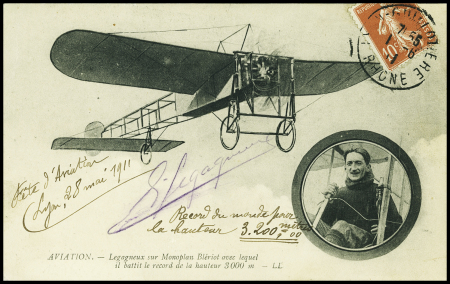 Carte postale "Legagneux sur monoplan Blériot OBL Lyon (1.6.1911) avec signature de Legagneux. TB
