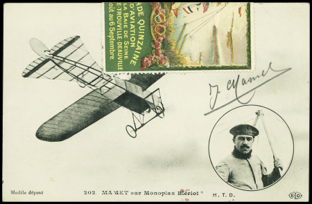 Carte postale "Mamet sur son monoplan Blériot" sur carte postale avec vignette repliée de la grande semaine d'aviation de la baie de Seine et signature de Mamet. TB