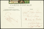 Carte postale "Mamet sur son monoplan Blériot" sur carte postale avec vignette repliée de la grande semaine d'aviation de la baie de Seine et signature de Mamet. TB