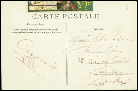 Carte postale "Mamet sur son monoplan Blériot" sur carte postale avec vignette repliée de la grande semaine d'aviation de la baie de Seine et signature de Mamet. TB
