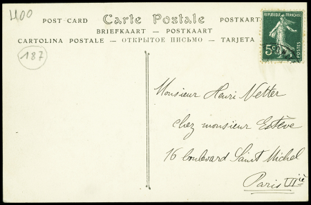 Carte postale "L'aviateur Latham en plein vol sur monoplan Antoinette" (ND n°426) avec 6 signatures d'aviateurs dont Louis Chatain et Marie Marvingt. TB