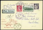 N°278B + 339 OBL CAD violet "La Baule aéroport" (24.7.38) sur entier carte postale 55c Paix violet avec cachet rouge illustré d'un avion "La Baule Belle Ile en Mer 24 juillet 1938" et signature du pilote P.Miniot. TB