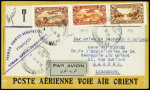 29.1.1931 Beyrouth - Saïgon, env jaune Air Orient avec cachet triangulaire violet "Premier courrier aéropostal français - Liban - Syrie - Indochine" et signature de Noguès (M11 Liban). TB