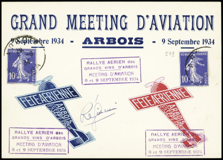 Carte spéciale "Grand meeting d'aviation Arbois 9 sept 1934" AFF n°279, 2 pièces, avec 2 vignettes en forme d'avion (bleu et rouge) et signature de Réginensi (Muller n°303 + meetings). TB