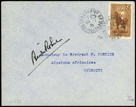 Madagascar n°190 OBL Tananarive (26.1.35) sur lettre pour Djibouti. Vol d'essai par génin et Robert (M51 Madagascar) avec signature de Robert. RR et TB