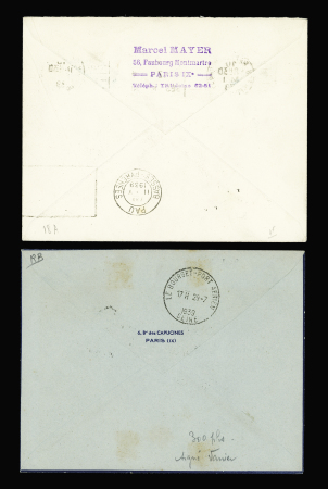 N°424 OBL Paris IX (10.5.1939) sur env avec cachet rouge 1ère liaison aérienne de nuit Pau Paris et signature de vanier + env Air Bleu avec griffe rouge inauguration de l'aérodrome Boulogne Alprecht 29 juillet 1939