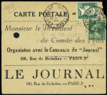 N°159 + 171 OBL Chaumont Haute-Marne (1925) sur carte de la course de ballons cartes postal du "Journal". TB