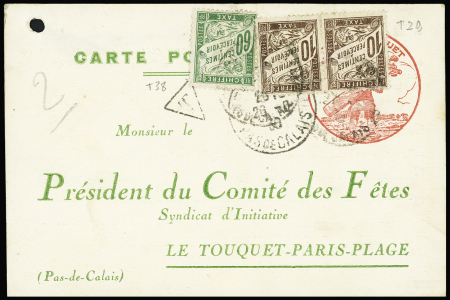 Carte postale du comité des fêtes du Touquet Paris Plage récupéré à Neufchatel Pas de Calais (26.8.1930) et taxée avec taxe n°28 en paire + 38. TB