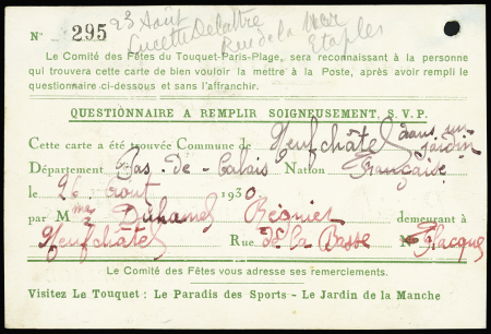 Carte postale du comité des fêtes du Touquet Paris Plage récupéré à Neufchatel Pas de Calais (26.8.1930) et taxée avec taxe n°28 en paire + 38. TB