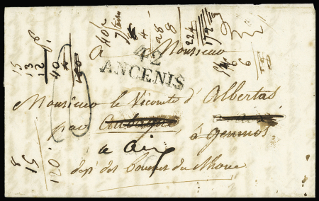 BOUCHES-DU-RHONE lettre avec au verso MP "Deb 12 Marseille" et "Deb 12 Aubagne" (1823) ind 13 et ind 20. TB