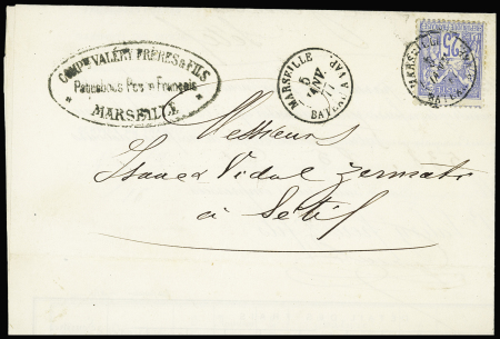 N°78 OBL CAD "Marseille bateau a vap" (1877) sur lettre pour Sétif (Algérie) avec cachet ovale noir "COMPie Valery frères & Fils - paquebots poste français Marseille". TB